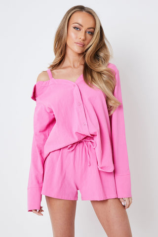 Pink Cold Shoulder Asymmetric Shirt