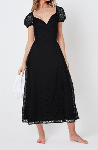 Lace Puff Sleeve Open Back Midi Dress