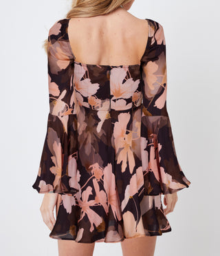 Floral Square Neck Bell Sleeve Mini Dress
