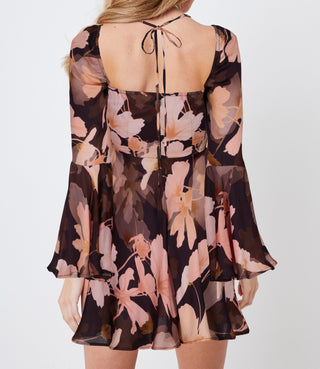 Floral Square Neck Bell Sleeve Mini Dress