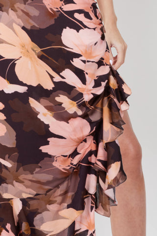 Floral Print Halter Neck Asymmetric Ruffle Hem Maxi Dress