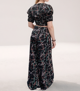 Geometric Print Puff Sleeve Crop Top and Wide-Leg Pants Co-Ord Set