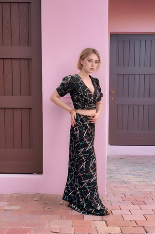 Geometric Print Puff Sleeve Crop Top and Wide-Leg Pants Co-Ord Set