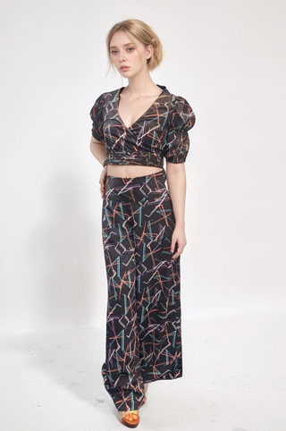 Geometric Print Puff Sleeve Crop Top and Wide-Leg Pants Co-Ord Set