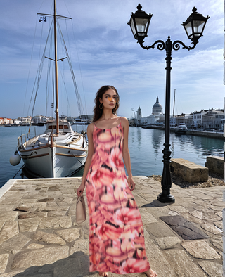 Abstract Print Spaghetti Strap Backless Maxi Dress