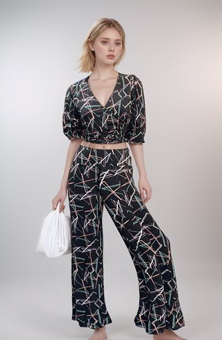 Geometric Print Puff Sleeve Crop Top and Wide-Leg Pants Co-Ord Set